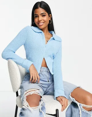 ASOS DESIGN cardigan in teddy yarn in blue