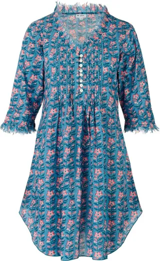 At Last... - Annabel Cotton Tunic In Muted Blue With Pink Flower