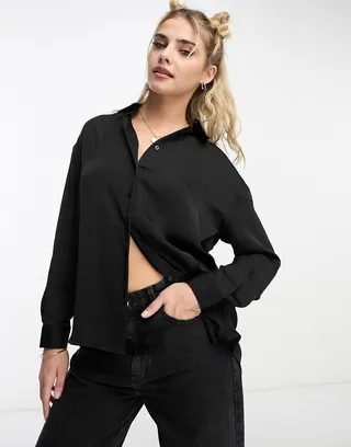 Stradivarius oversized satin shirt in black