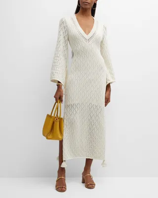 Violetta Flare-Sleeve Pointelle Knit Maxi Kaftan