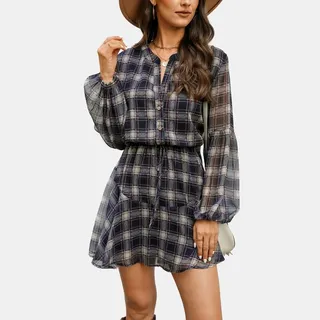 Women's Plaid Drawstring Mini Dress - Cupshe-M-Blue