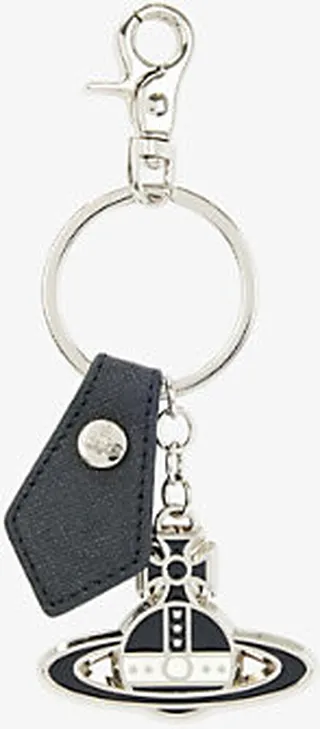 Black Silver-tone orb and Leather Keyring