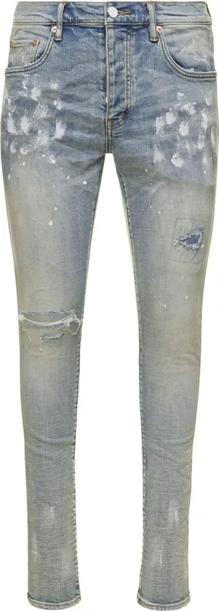 Light Blue Five Pockets Skinny Jeans With Paint Stains In Cotton Denim Man Purple Brand