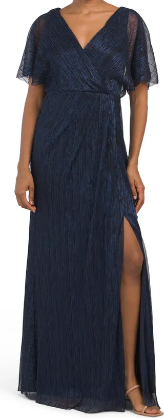 Flutter Sleeve Faux Wrap Metallic Gown