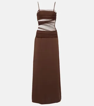 Sheer-detail ruched maxi dress