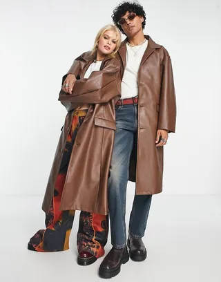 Reclaimed Vintage unisex longline leather look jacket in tan