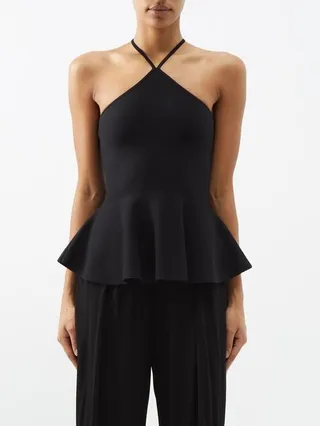 Halterneck Compact-knit Peplum Top