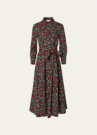 Cherry-Print Waist-Tie Midi Shirtdress