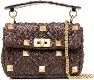 Roman Stud medium raffia shoulder bag