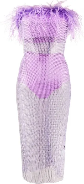 Feather-Trim Mesh Midi Dress Set