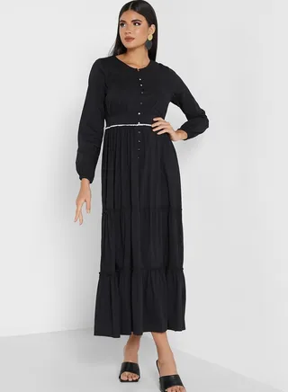 Button Detail Tiered Dress