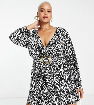 ASOS DESIGN Curve textured long sleeve wrap mini dress with tortoise shell belt in mono zebra