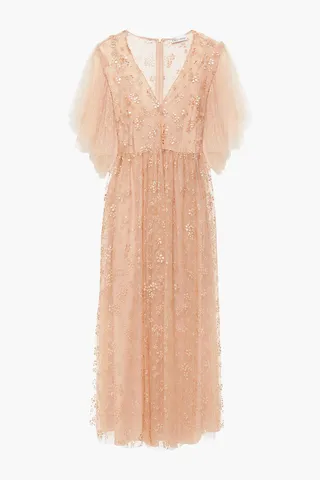 Glittered floral-print point d'espirit midi dress