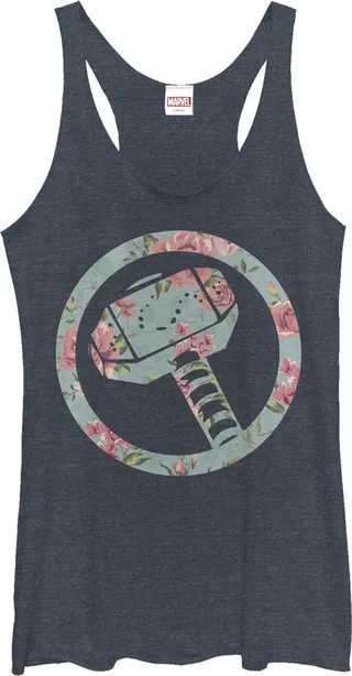 Women's Marvel Thor Hammer Floral Print Racerback Tank Top - Navy Blue Heather - Large