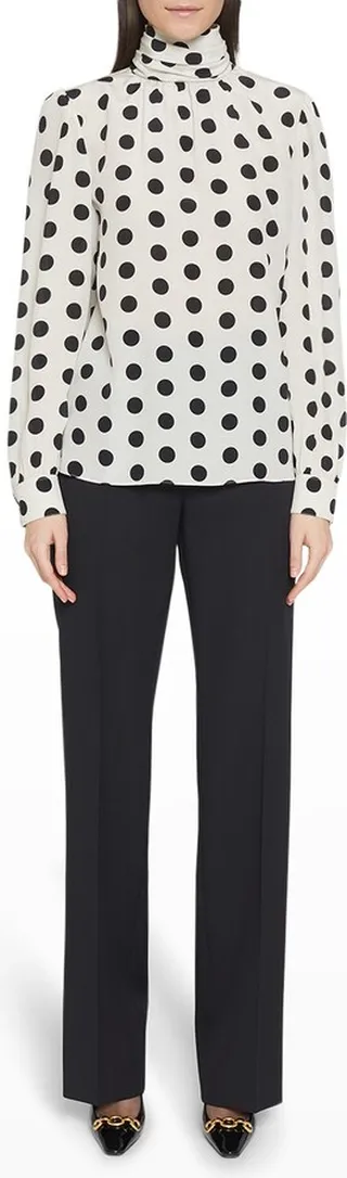 Polka-Dot Turtleneck Silk Blouse