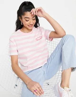 New Look good times slogan tee in pink stripe