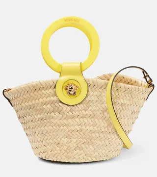 Medusa leather-trimmed straw tote bag