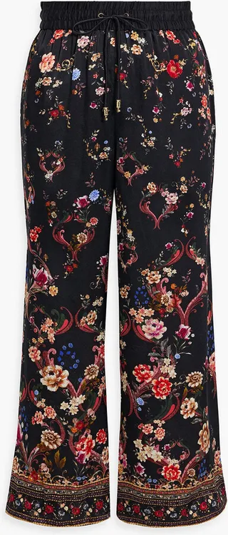 Cropped crystal-embellished printed silk-satin wide-leg pants