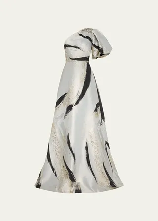 One-Shoulder Puff-Sleeve Jacquard Gown
