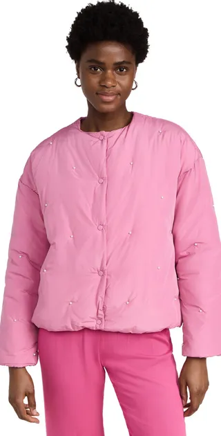 Sleeper Puffer Jacket in Pink with Pearl Detail