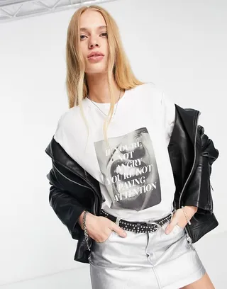 ASOS DESIGN oversized T-shirt with if you're not angry you're not paying attention graphic slogan in white