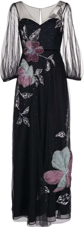 Floral-Appliqué Bead-Embellished Silk Gown