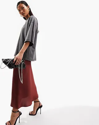 ASOS DESIGN Petite satin bias slip midi skirt in chocolate