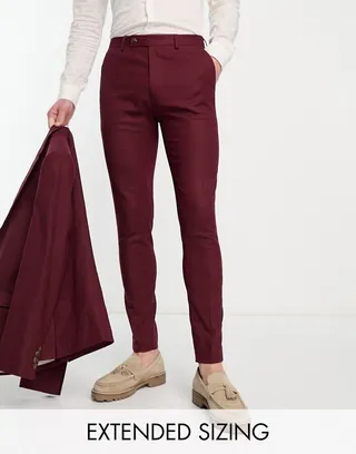 ASOS DESIGN super skinny linen mix suit pants in burgundy
