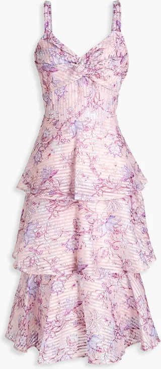 Tiered floral-print devoré-organza midi dress