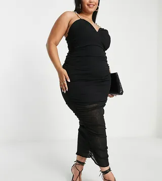 ASOS DESIGN Curve ruched midi dress with gold chain straps in black