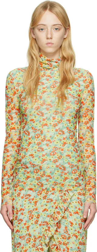GANNI Green Floral Turtleneck