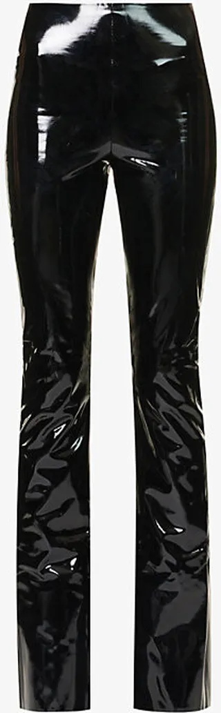 Womens Black Flared High-rise Patent Faux-leather Trousers