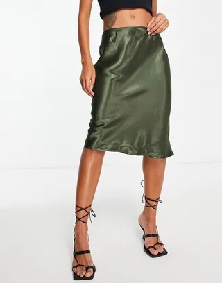 Topshop 90s short midi skirt in khaki