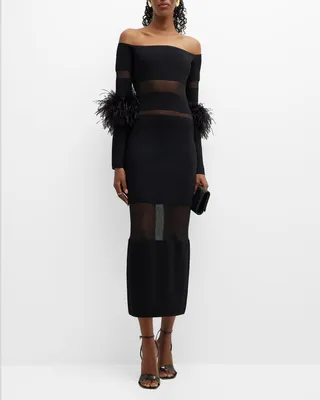 Off-Shoulder Sheer Feather-Sleeve Midi Dress