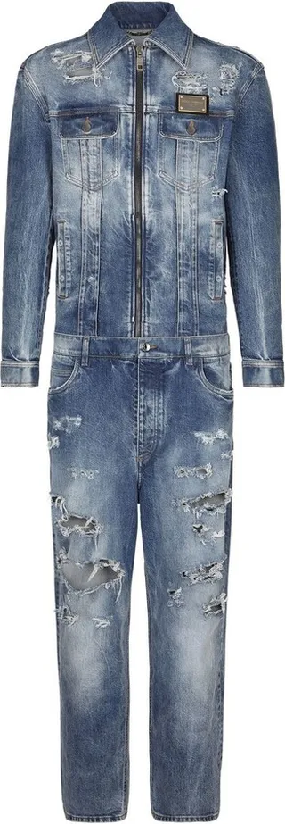Distressed Denim Cropped Jumpsuit