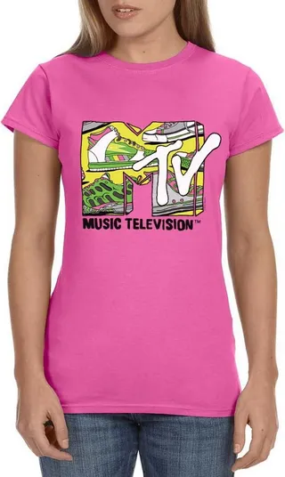 MTV Womens' Music Television Groovy Shoes Icon '80s Crewneck T-Shirt (Medium) Pink