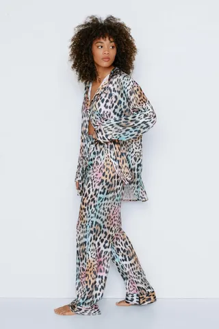 Nasty Gal Womens Recycled Satin Ombre Leopard Print Oversized Pj Pants Set