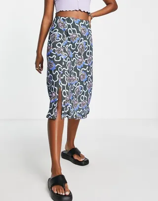Closet London bias cut midi skirt in dark green print
