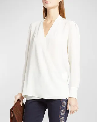 Long-Sleeve Silk Wrap Blouse