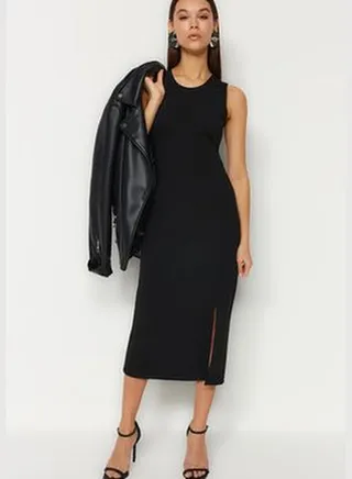 Black Zero Sleeve Slit Detail Bodycone/Funny Midi Knitted Dress