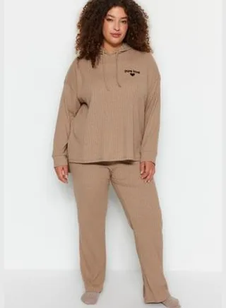 Dark Beige Hoodie and Corduroy Knitted Bottom-Top Set