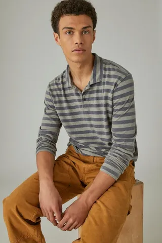 Sueded Jersey Long Sleeve Stripe Polo