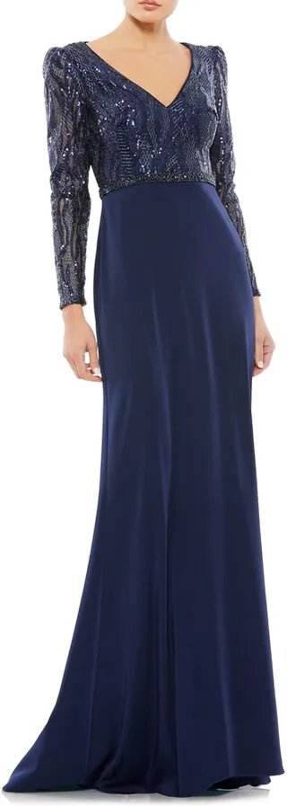 V-Neck Long Sleeve Empire Waist Gown