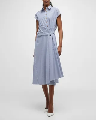 Button-Front Striped Midi Dress with Side Knot Detail