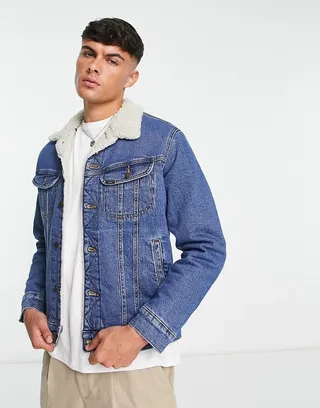 Lee sherpa borg lined denim jacket in mid wash