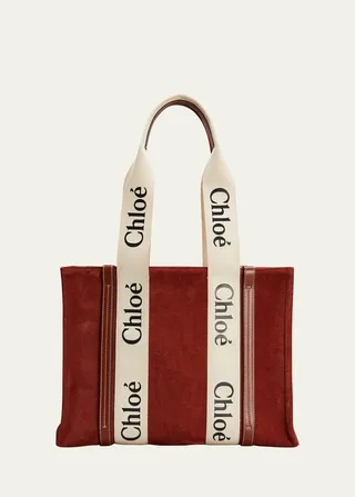 Woody Logo Medium Suede Tote Bag