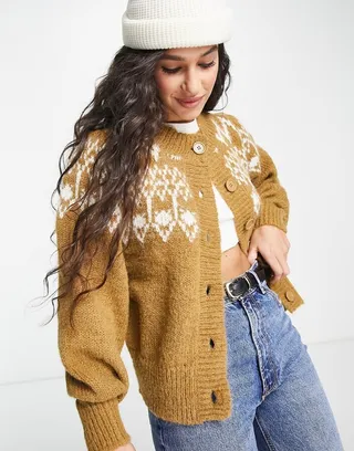Pieces balloon sleeve fairisle cardigan in camel