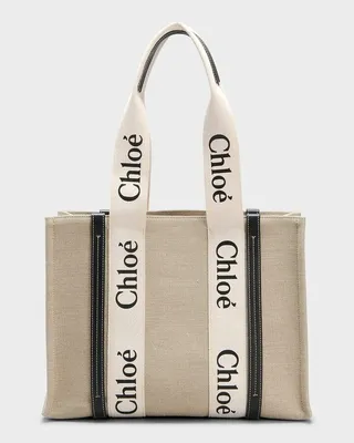 Woody Medium Linen Leather Tote Bag