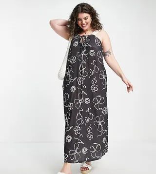 ASOS DESIGN Curve wide strap maxi dress in black drawn floral print