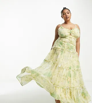 ASOS DESIGN Curve knot front cut out maxi slip dress with raw edge tiers in yellow floral print